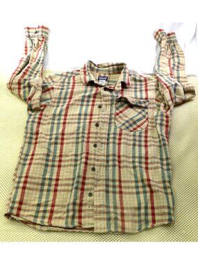 Patagonia Mens Organic Cotton Plaid Button-Up Shirt Beige/Red/Blue Medium